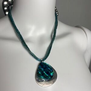 vintage M&S Abalone Mother of Pearl green pendant blue beads 4 tier necklace